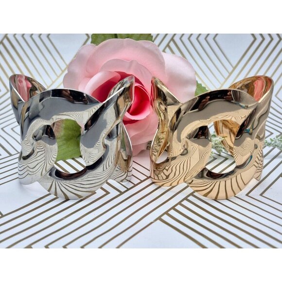 Set of 2 Statement Metal Cuff Bracelets 1 Silver Tone & 1 Gold Tone Link Look - Picture 1 of 11